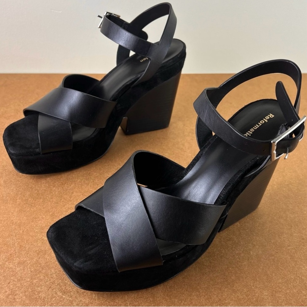 REFORMATION BLACK LEATHER PLATFORM SANDALS - Picture 8 of 13